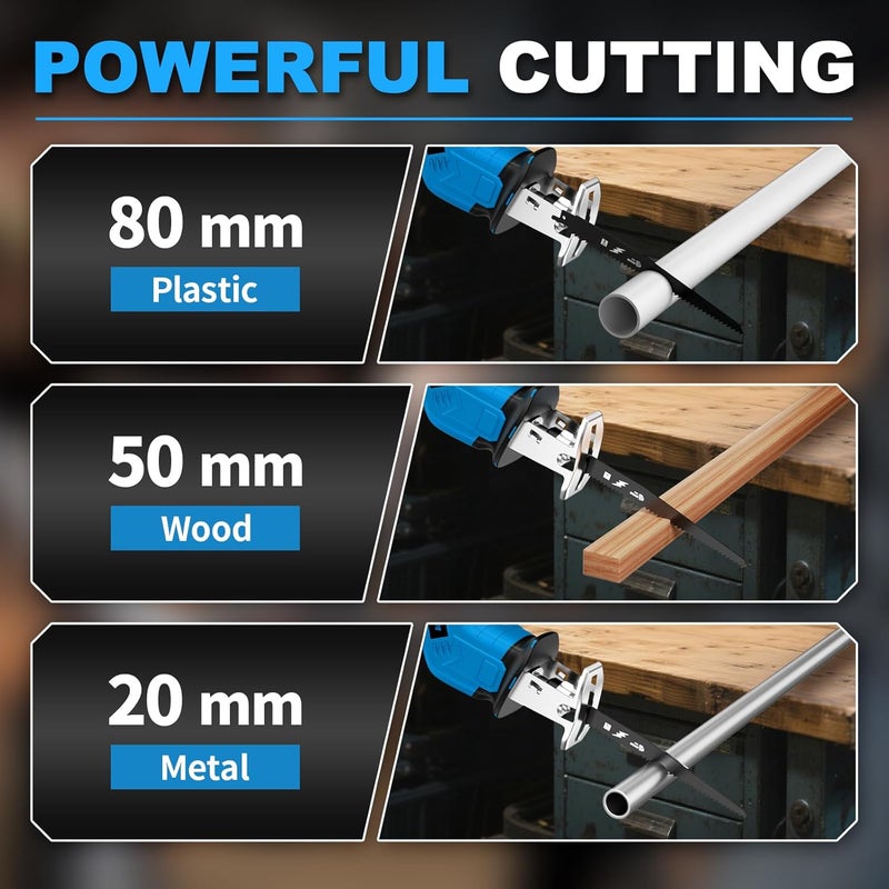 FULLYEA Cordless Reciprocating Saw, 3500 RPM Electric Saws with 4 Blades & 2 Batteries, Tool‑Free Blade Change, Handheld Saw Lightweight, Battery Reciprocating Saws for Cutting Wood PVC Pipe (Blue) - Image 4